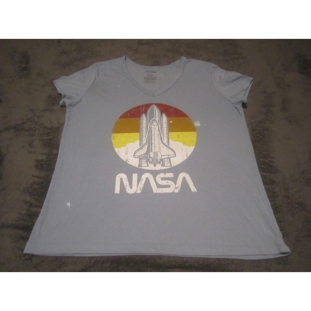 Fifth Sun Shirt Womens Large Blue NASA Space Shuttle V Neck Graphic Top Retro‎